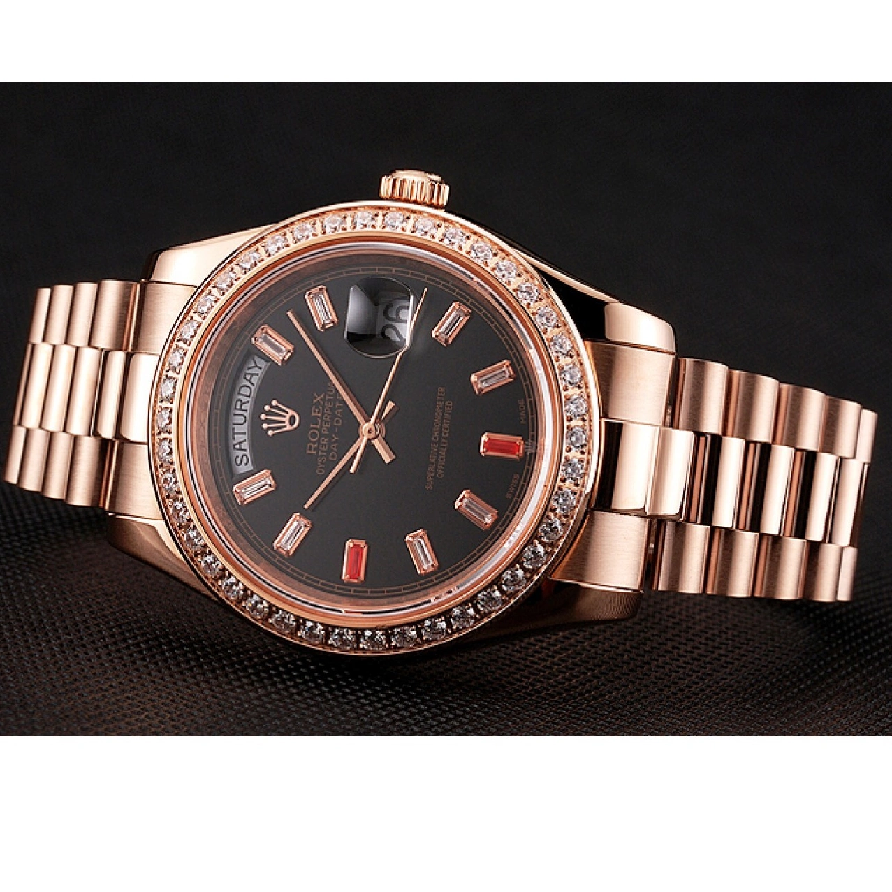 Aaa replica watch Gold And 1454102 Rose Bracelet Swiss Black Rubies Dial Day-Date Diamonds Rolex 0616